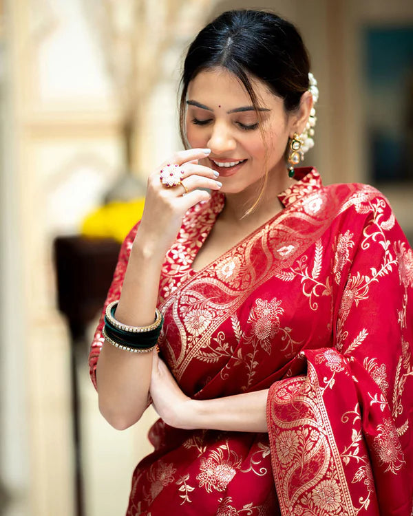 Womenline Red Color Banarasi Jacquard Zari Weaving Saree