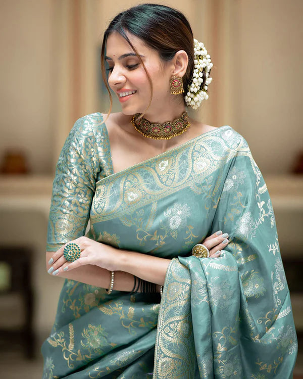 Womenline Sky Color Banarasi Jacquard Zari Weaving Saree