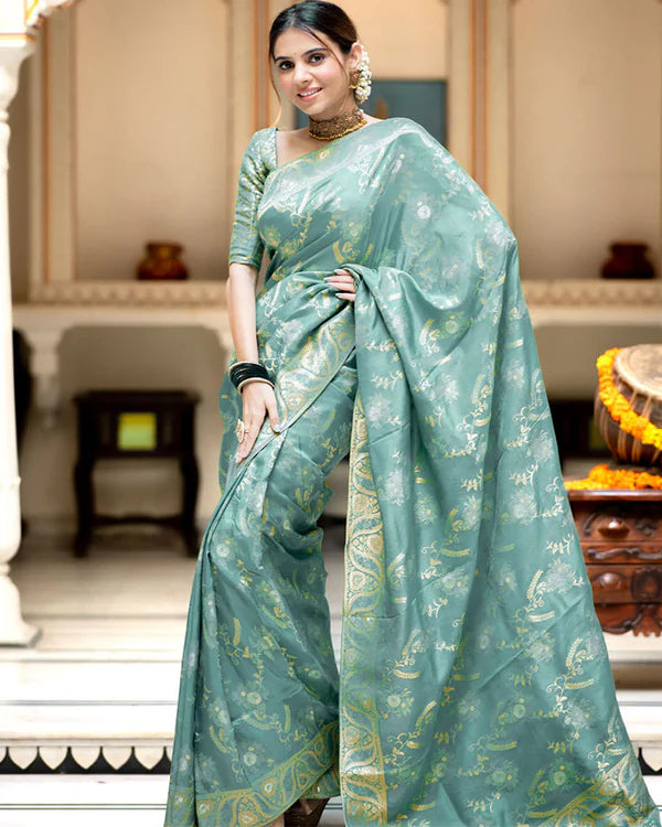 Womenline Sky Color Banarasi Jacquard Zari Weaving Saree