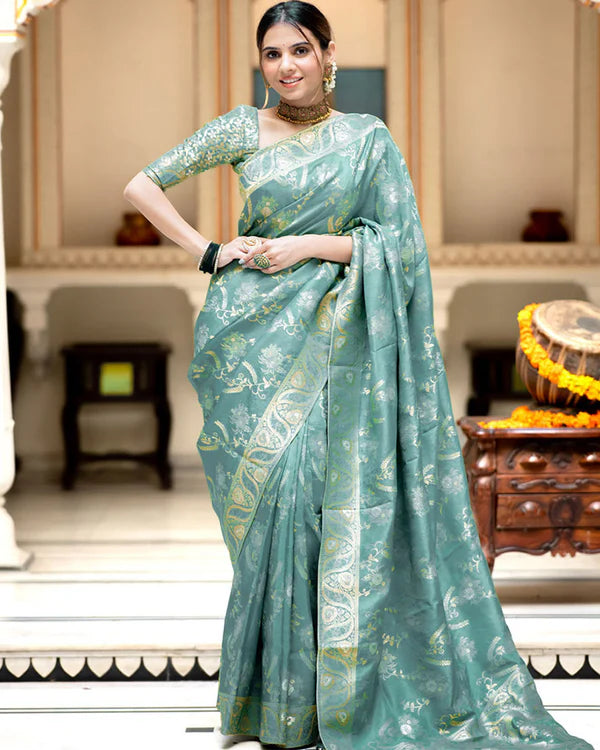 Womenline Sky Color Banarasi Jacquard Zari Weaving Saree