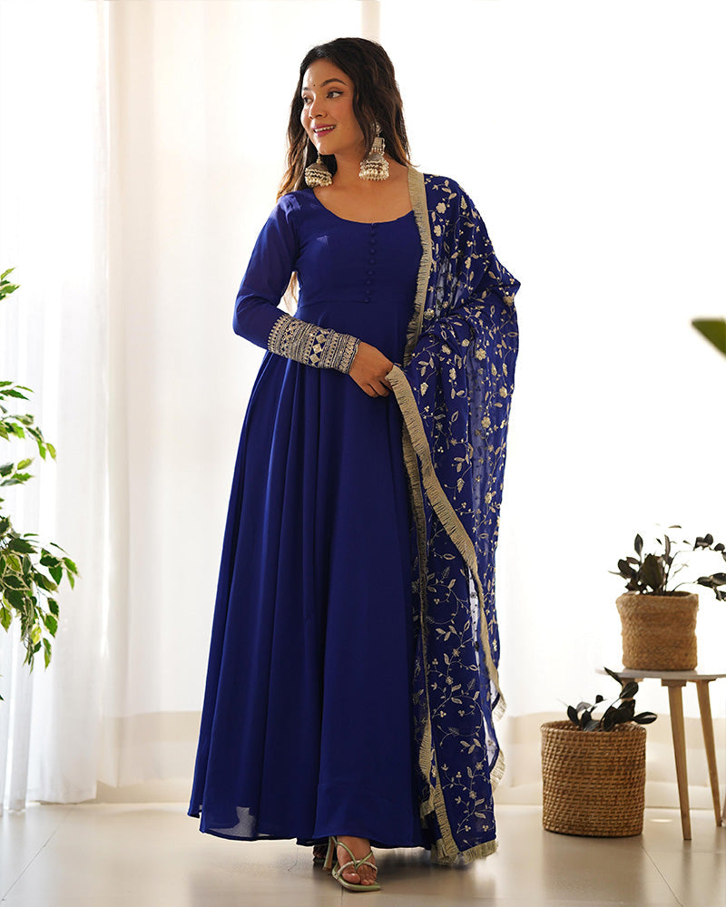 Womenline Blue Color Soft Georgette With Heavy Embroidery Work Dupatta Anarkali Suit