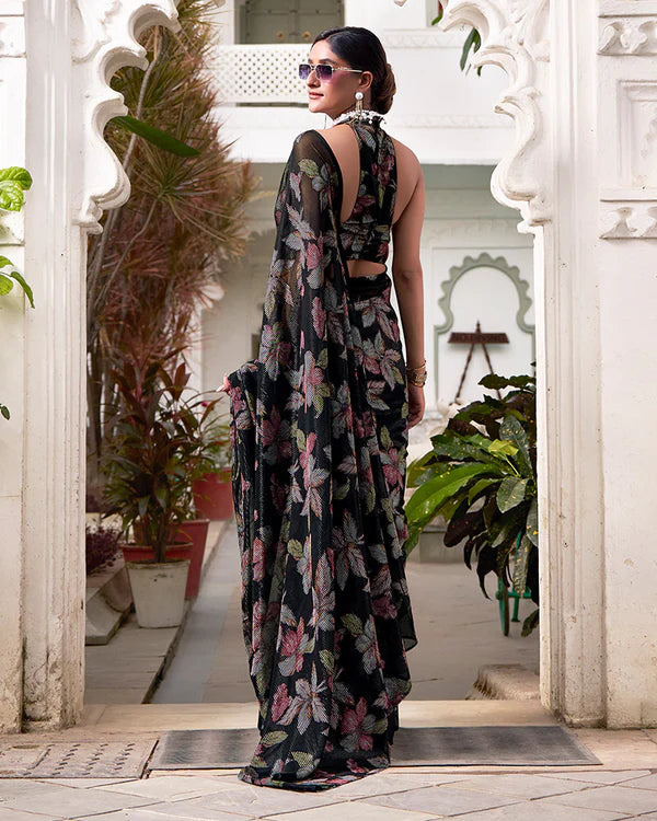 Womenline Black Color Lurex Brasso Viscose Saree