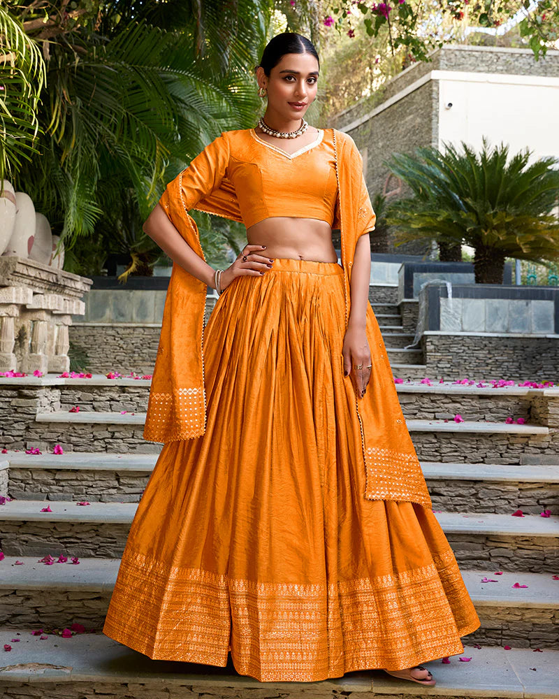 Womenline Yellow Color Pure Chanderi Plain Navratri Half Saree