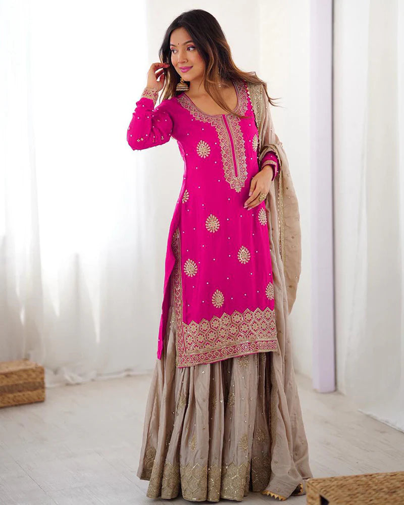 Womenline Pink Color Chinon Silk Embroidered Sharara Suit