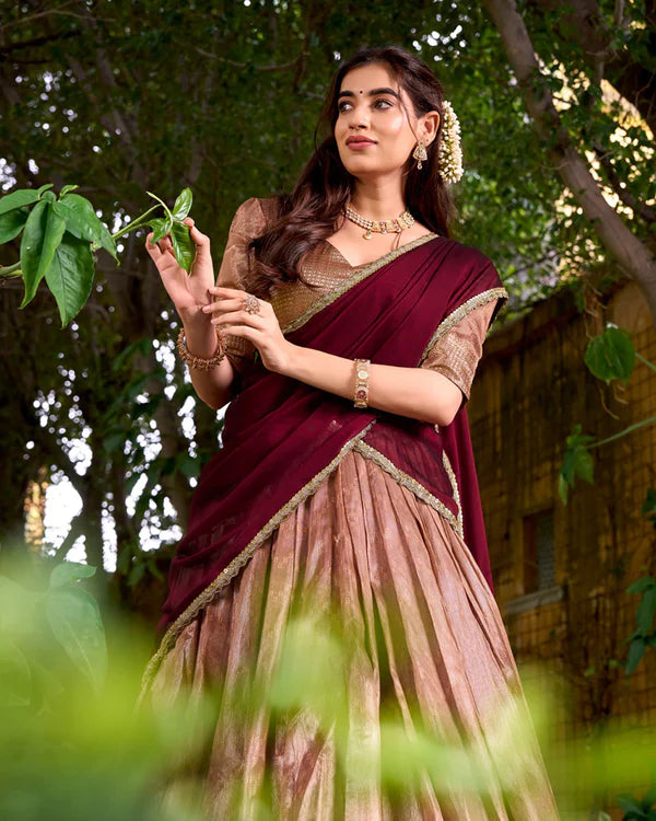 Womenline Peach Color Dupion Silk Zari Weaving Half Saree