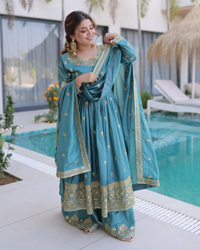 Womenline Dusty Teal Color Super Silk Embroidered Sharara Suit