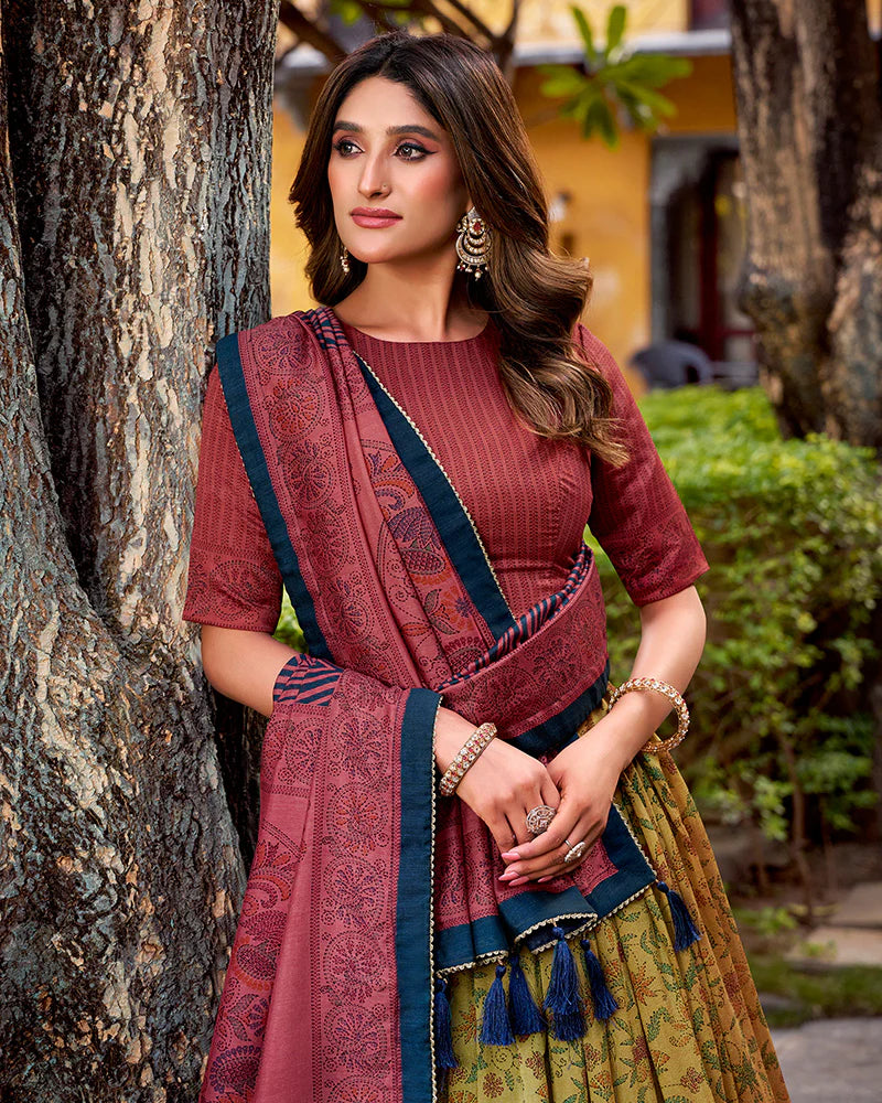 Womenline Crimson Color Vichitra Silk Printed Lehenga Choli