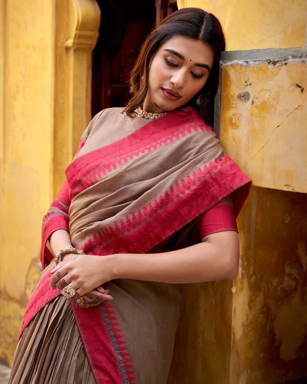 Womenline Chickoo Color Pure Chanderi Threaded Half Saree