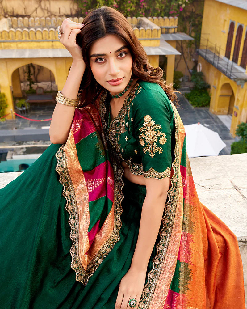 Womenline Designer Green Color Vichitra Silk Embroidered Lehenga Choli