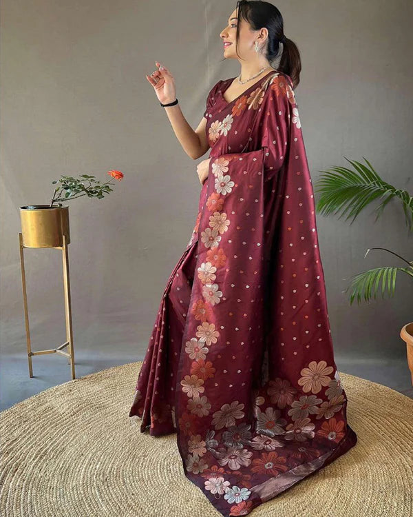 Womenline Jacquard Design Maroon color Soft Lichi Silk Saree