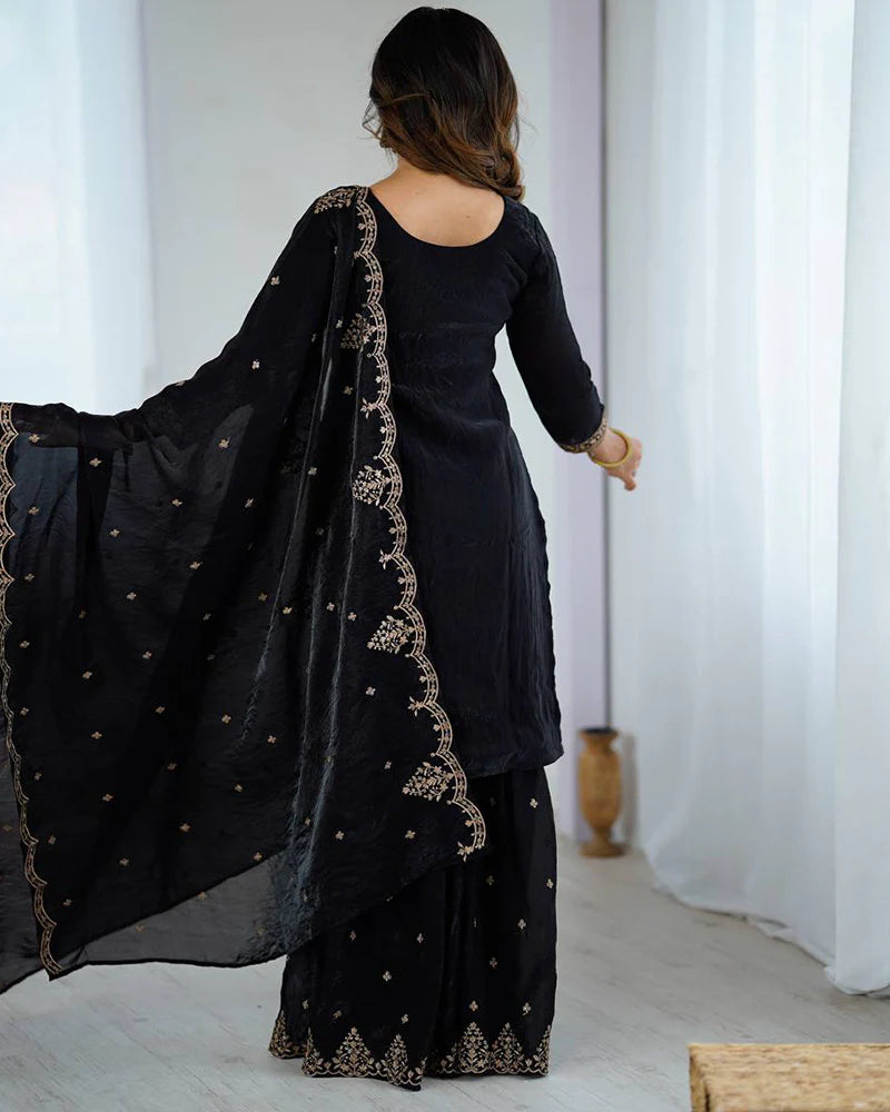 Womenline Black Color Crunchy Silk Sharara Suit