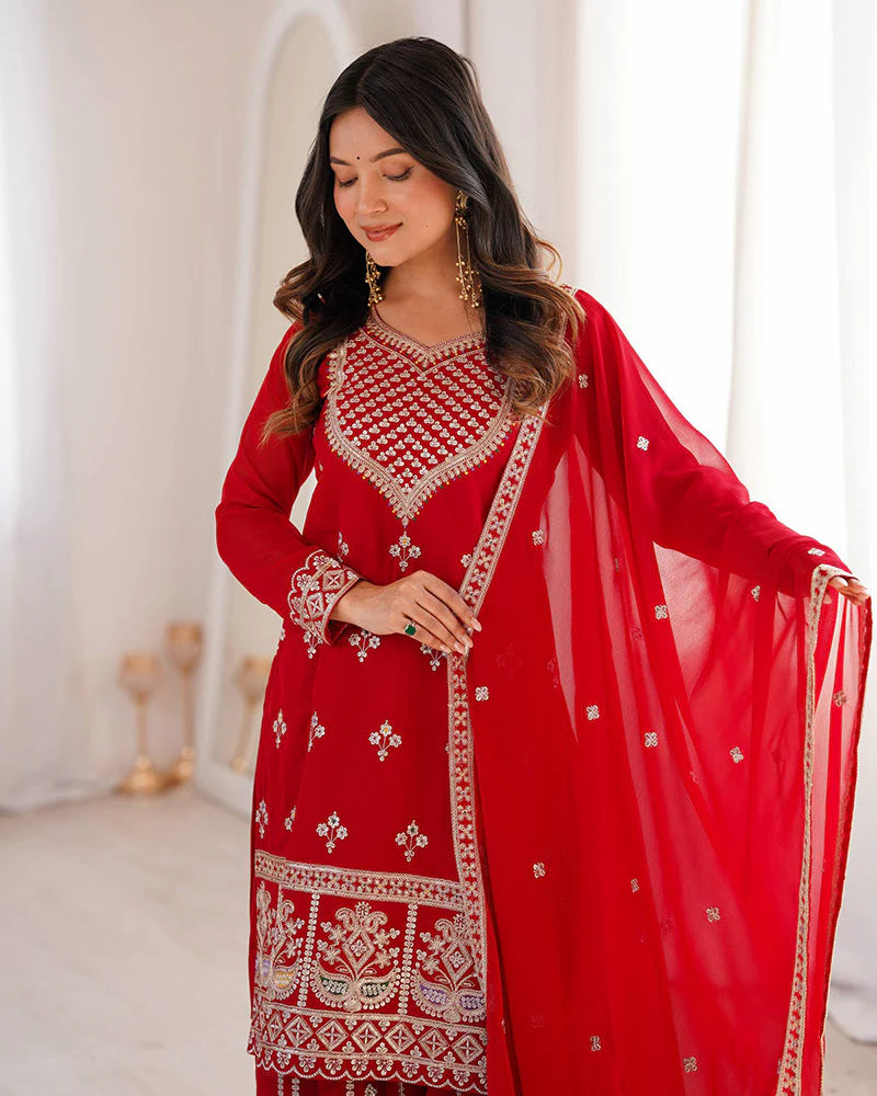 Womenline Royal Red Color Faux Georgette Embroidered Plazzo Suit