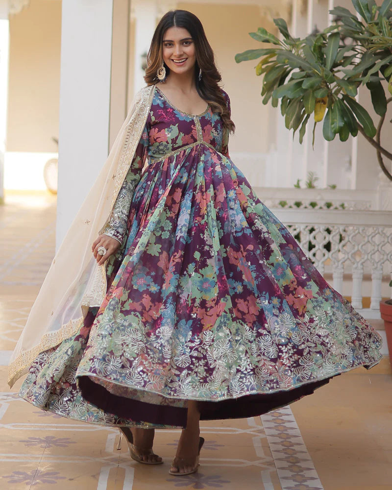 Womenline Wedding Wear Floral Embroidered Wine Color Alia Cut Gown With Dupatta