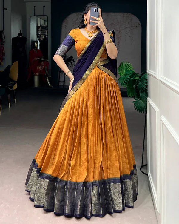 Womenline Mustard Color Dola Chex Zari Weaving Half Saree