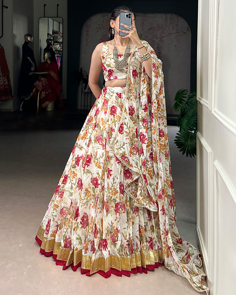 Womenline White Color Chiffon Printed Lehenga Choli
