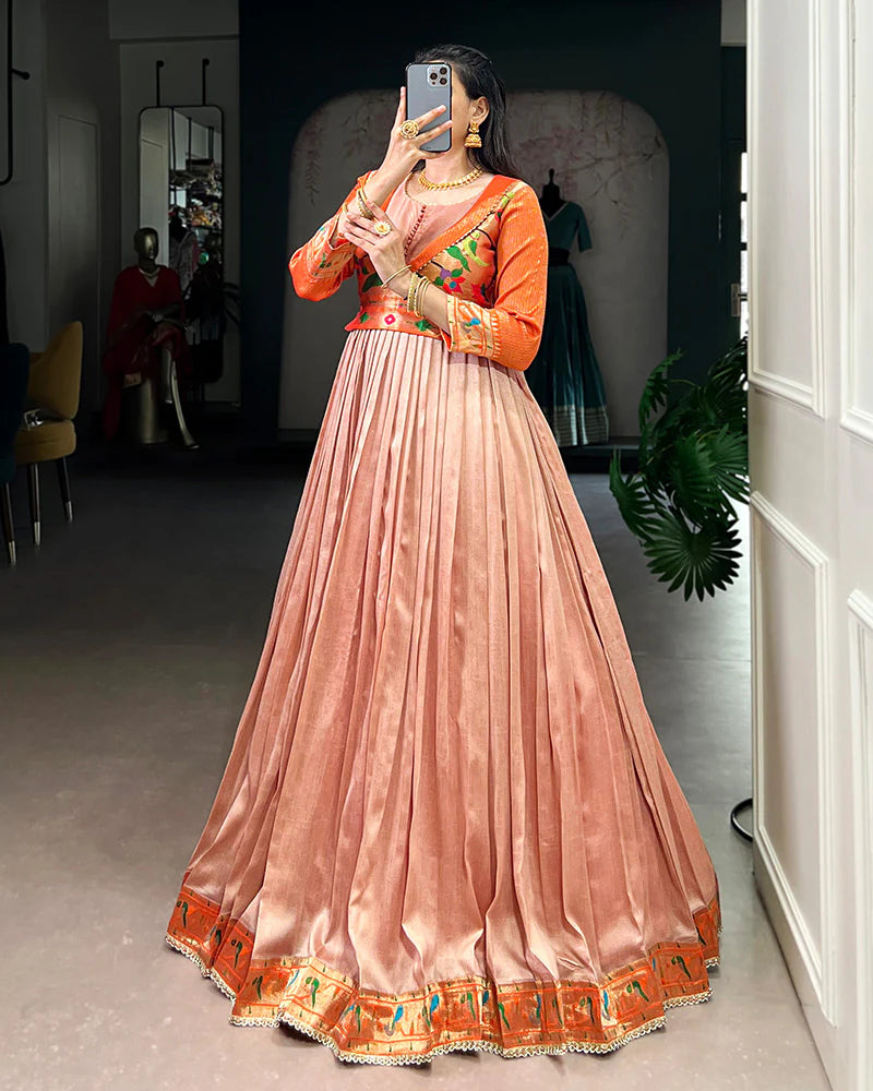 Womenline Peach Color Vichitra Silk Zari Weaving Gown