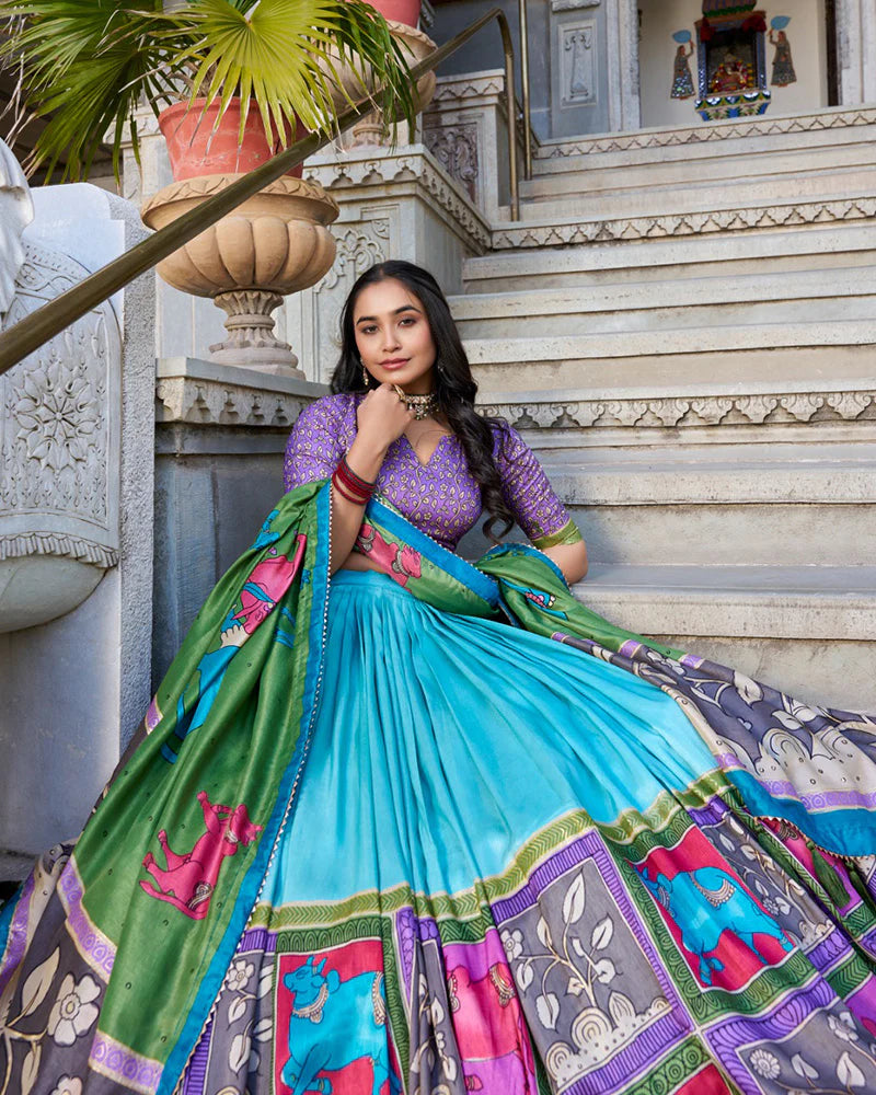 Womenline Sea Green Color Tussar Silk Kalamkari Printed Lehenga Choli
