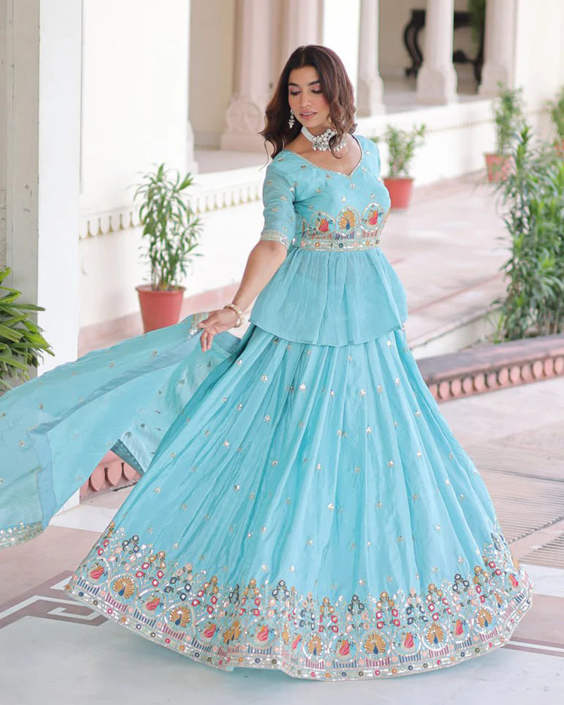 Womenline Sky Color Gold Crush Embroidered Lehenga Choli