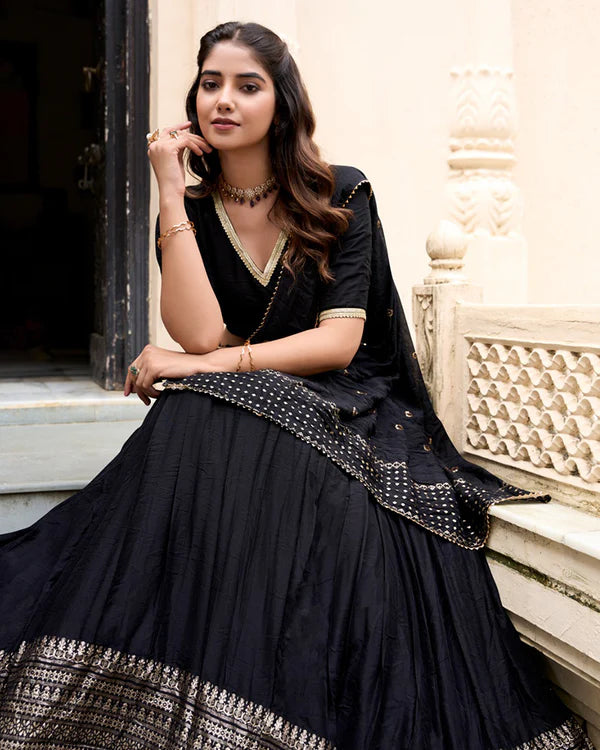 Womenline Black Color Pure Chanderi Plain Navratri Half Saree