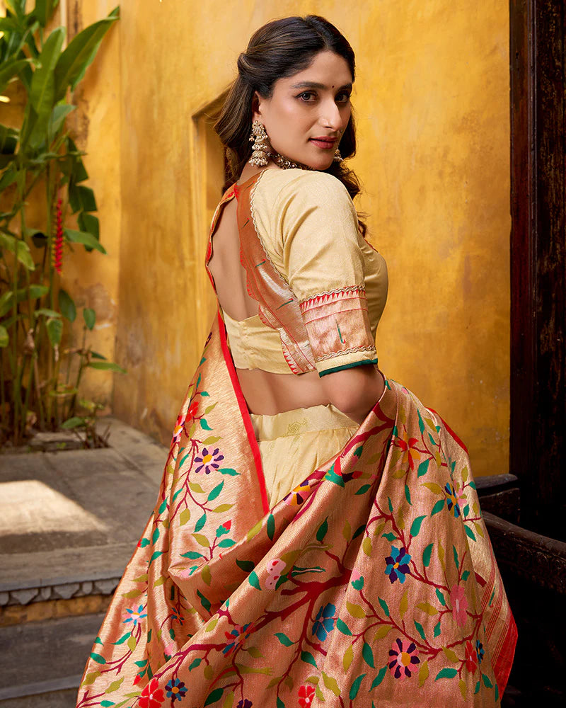 Womenline Cream Color Paithani Silk Zari Weaving Lehenga Choli