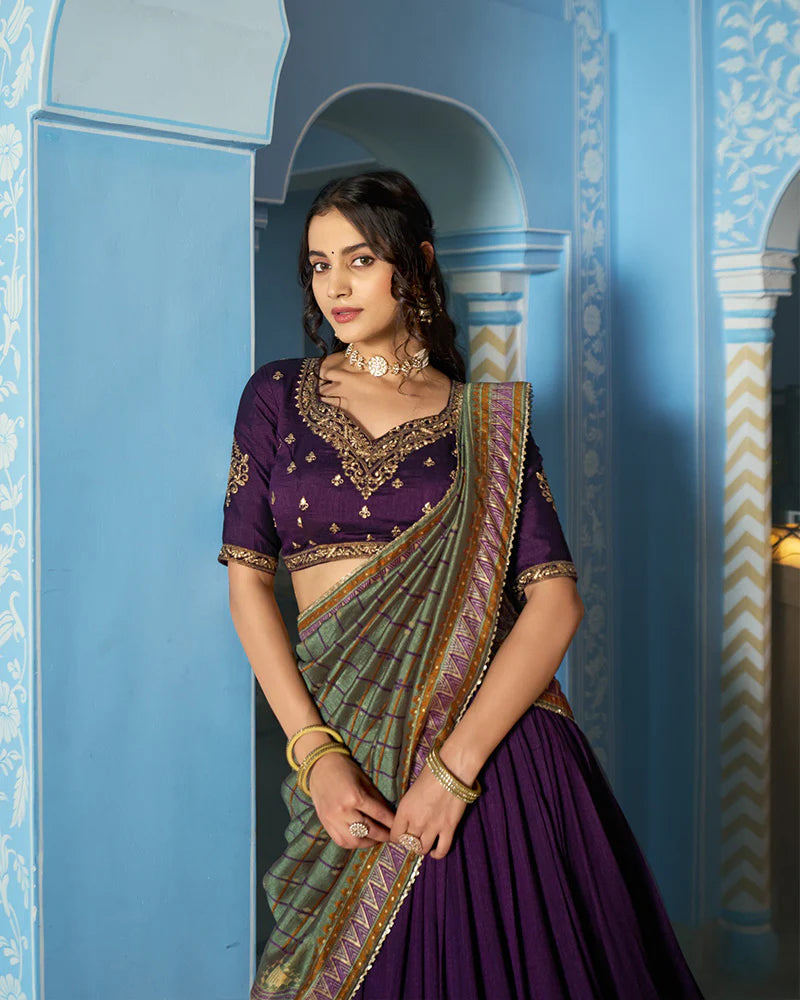 Womenline Elegant Dark Purple Embroidered Vichitra Silk Lehenga Choli