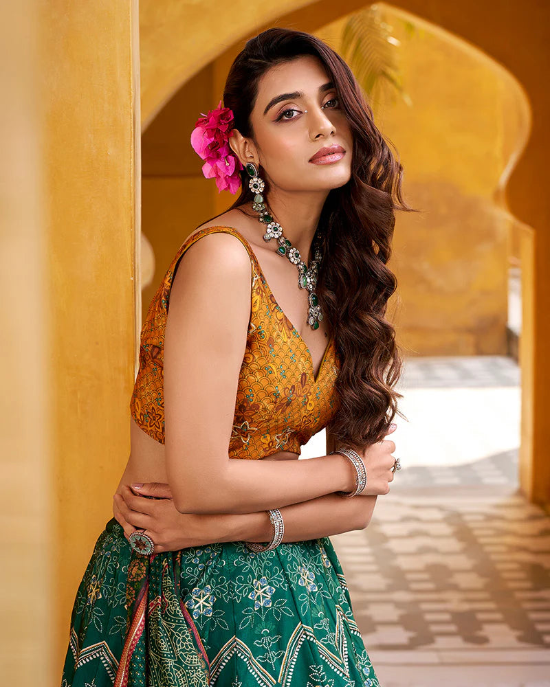 Womenline Bottle Green Color Vichitra Silk Printed And Embroidered Lehenga Choli