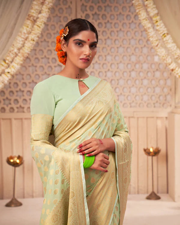 Womenline Pista Color Banarasi Jacquard Soft Silk Saree