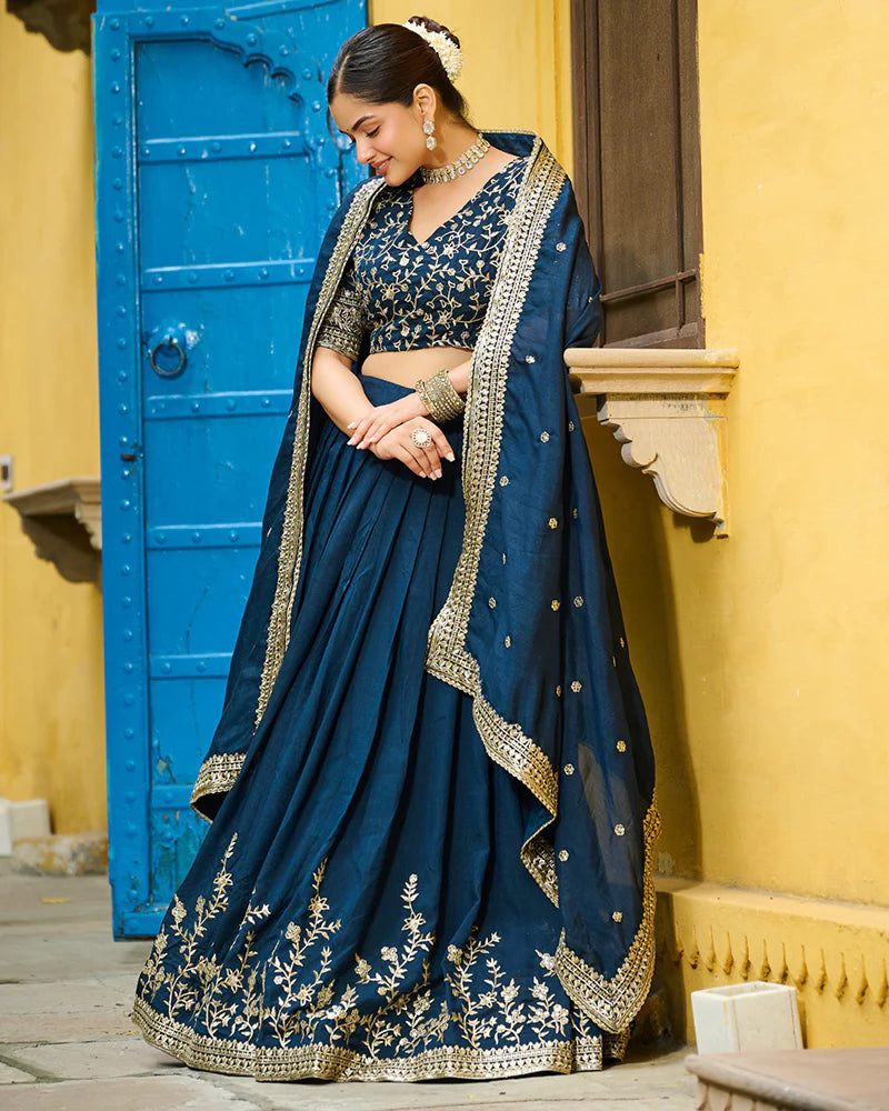 Womenline Rama Color Vichitra Silk Thread Embroidered Lehenga Choli