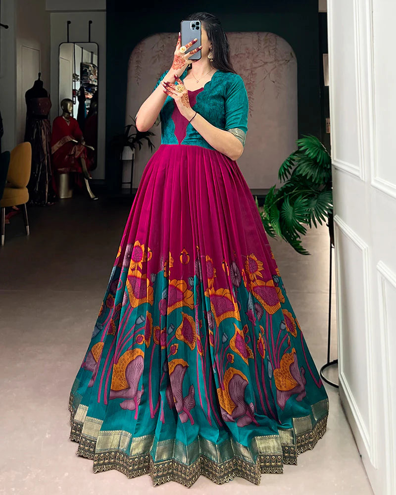 Womenline Pink Color Viscose Chanderi Floral Printed Gown