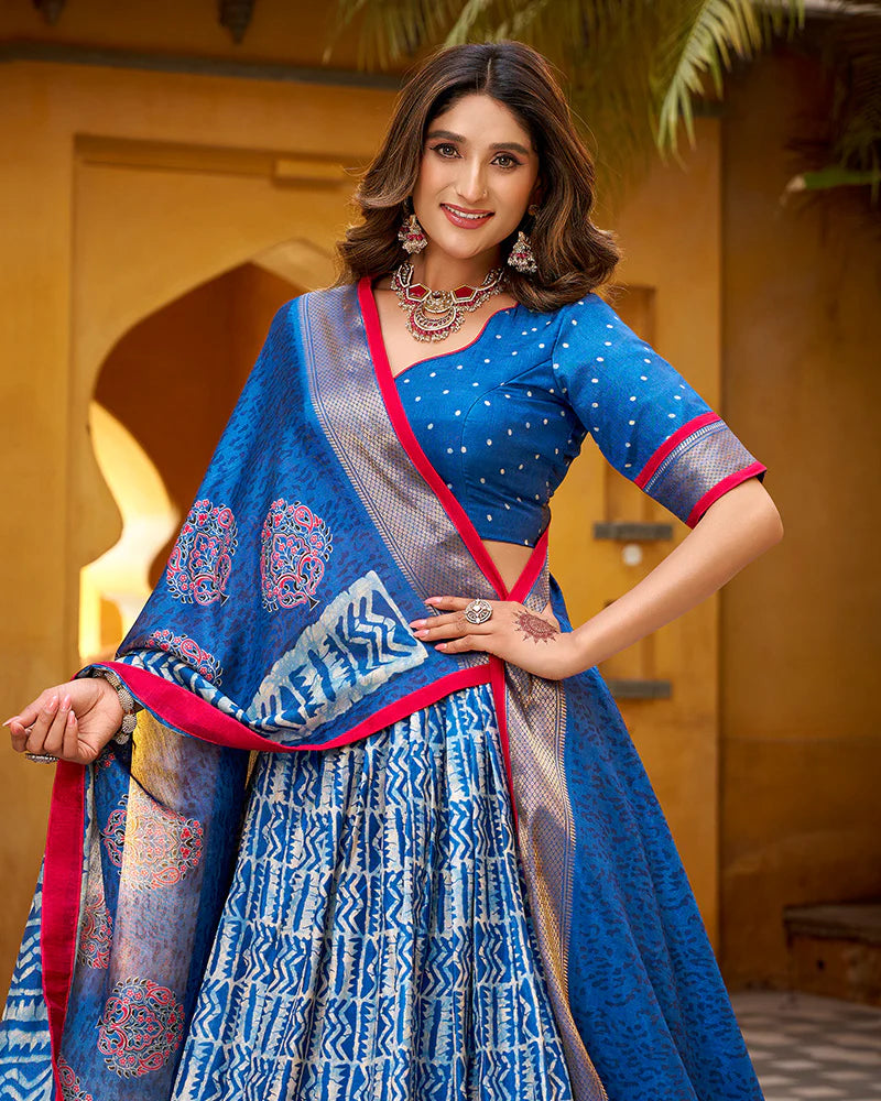 Womenline Blue Color Dola Silk Batik Printed Lehenga Choli