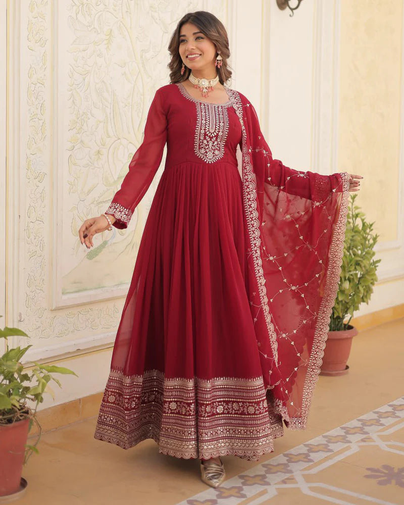 Womenline Maroon Color Faux Blooming Rich Sequence Embroidered Gown