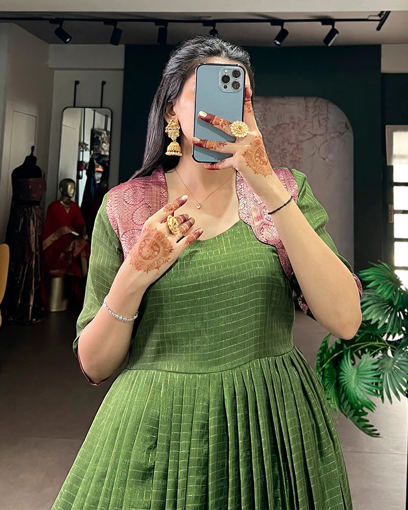 Womenline Mehndi Color Dola Chex Zari Weaving Gown