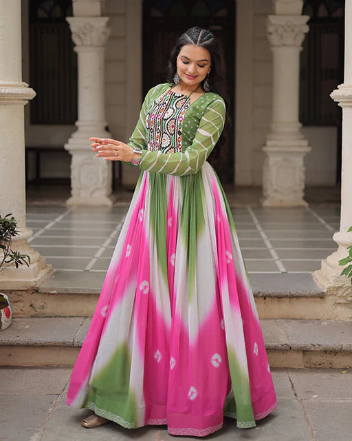 Womenline Green Color Faux Georgette Bandhej Print Navratri Gown