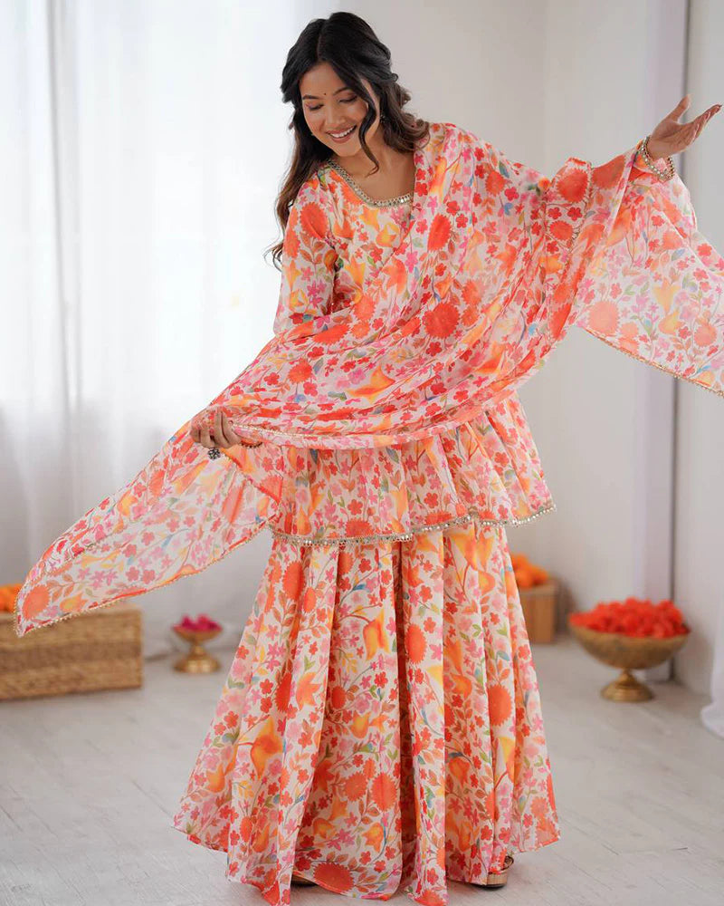 Womenline Orange Color Pure Soft Organza Sharara Suit