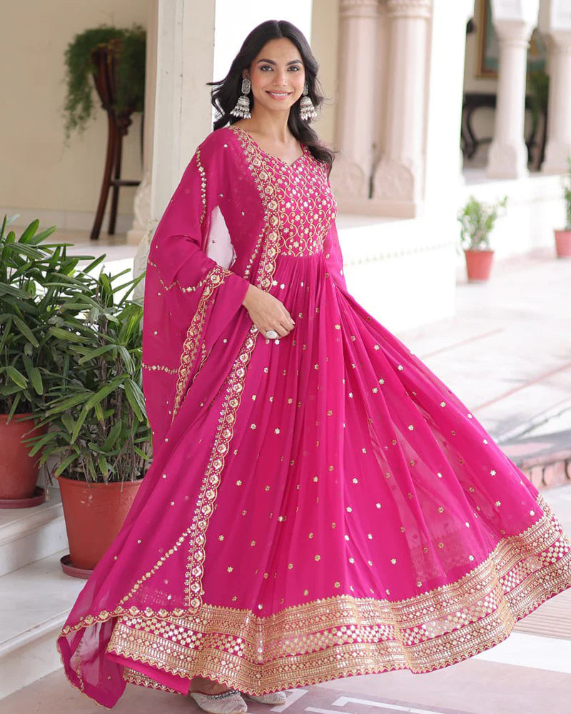 Womenline Hot Pink Color Georgette Embroidered Designer Gown