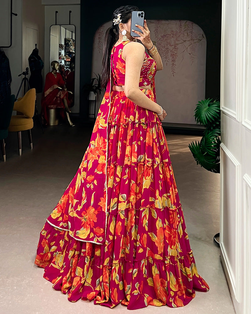 Womenline Pink Color Marble Floral Printed Lehenga Choli