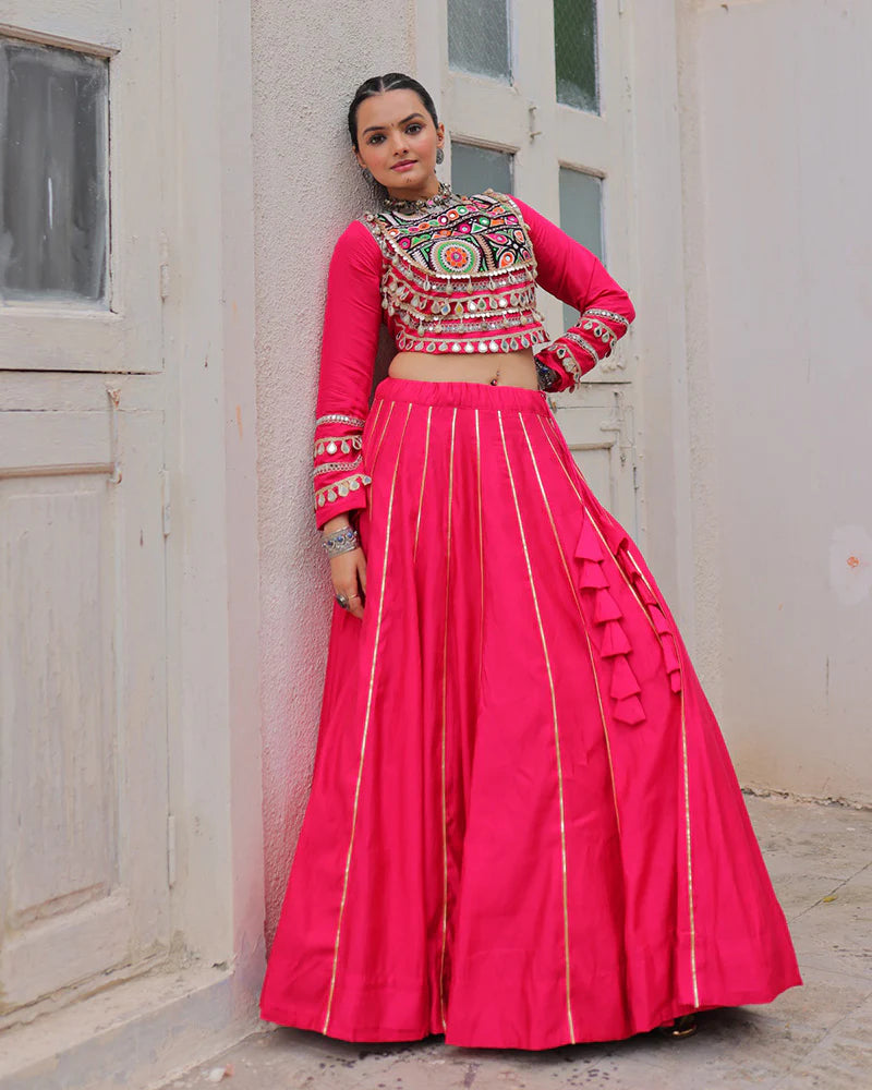 Womenline Pink Color Roman Silk Navratri Lehenga Choli