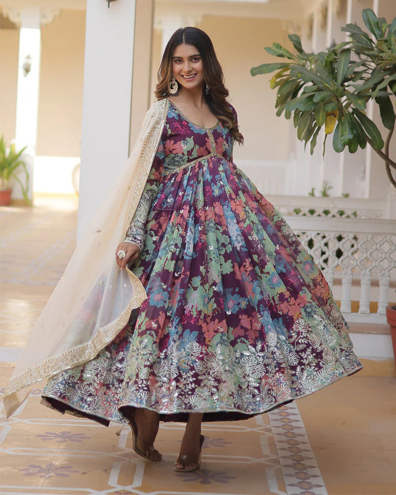 Womenline Wedding Wear Floral Embroidered Wine Color Alia Cut Gown With Dupatta