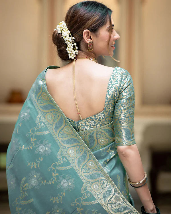 Womenline Sky Color Banarasi Jacquard Zari Weaving Saree