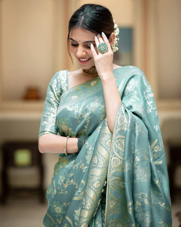Womenline Sky Color Banarasi Jacquard Zari Weaving Saree