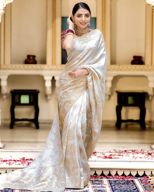 Womenline White Color Banarasi Jacquard Zari Weaving Saree