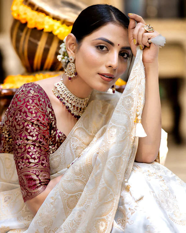 Womenline White Color Banarasi Jacquard Zari Weaving Saree