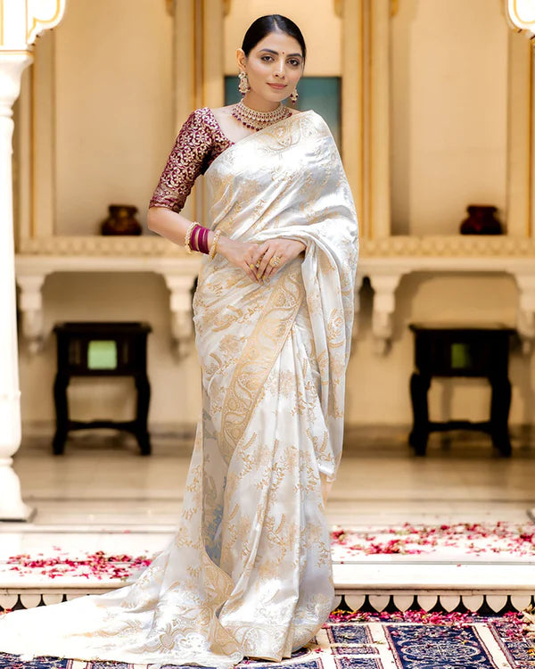Womenline White Color Banarasi Jacquard Zari Weaving Saree