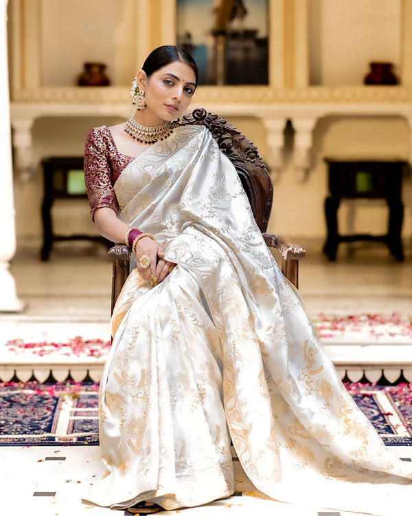 Womenline White Color Banarasi Jacquard Zari Weaving Saree