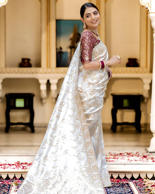 Womenline White Color Banarasi Jacquard Zari Weaving Saree
