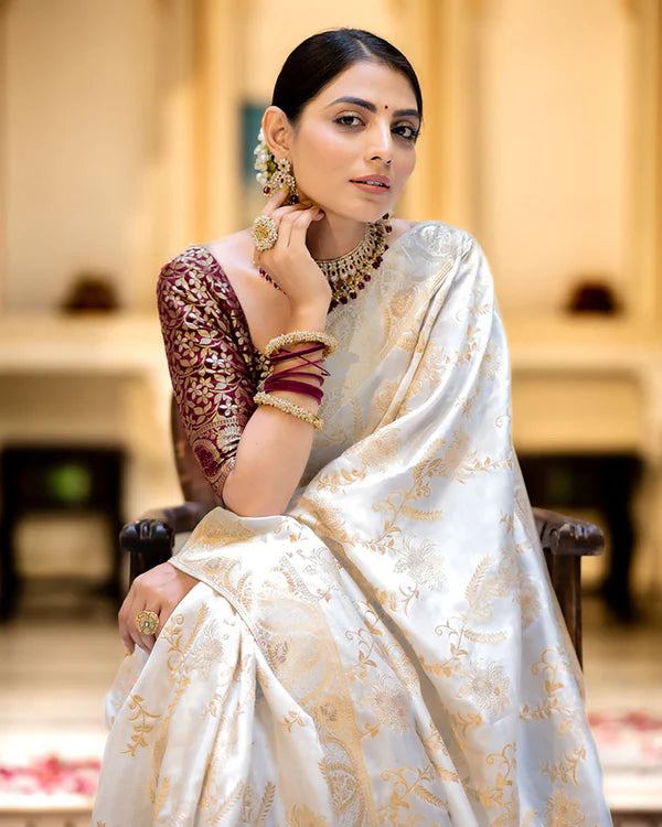 Womenline White Color Banarasi Jacquard Zari Weaving Saree