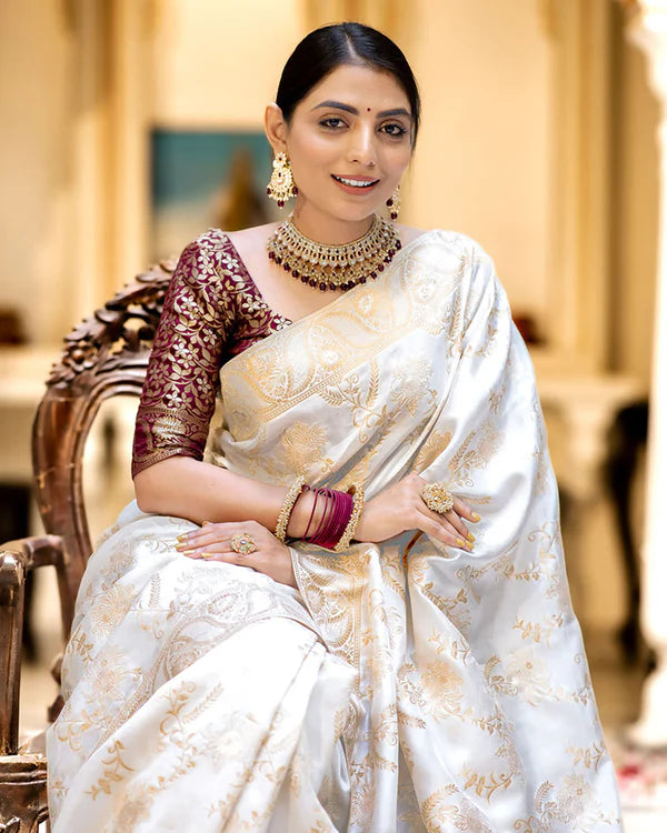 Womenline White Color Banarasi Jacquard Zari Weaving Saree