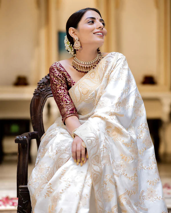 Womenline White Color Banarasi Jacquard Zari Weaving Saree