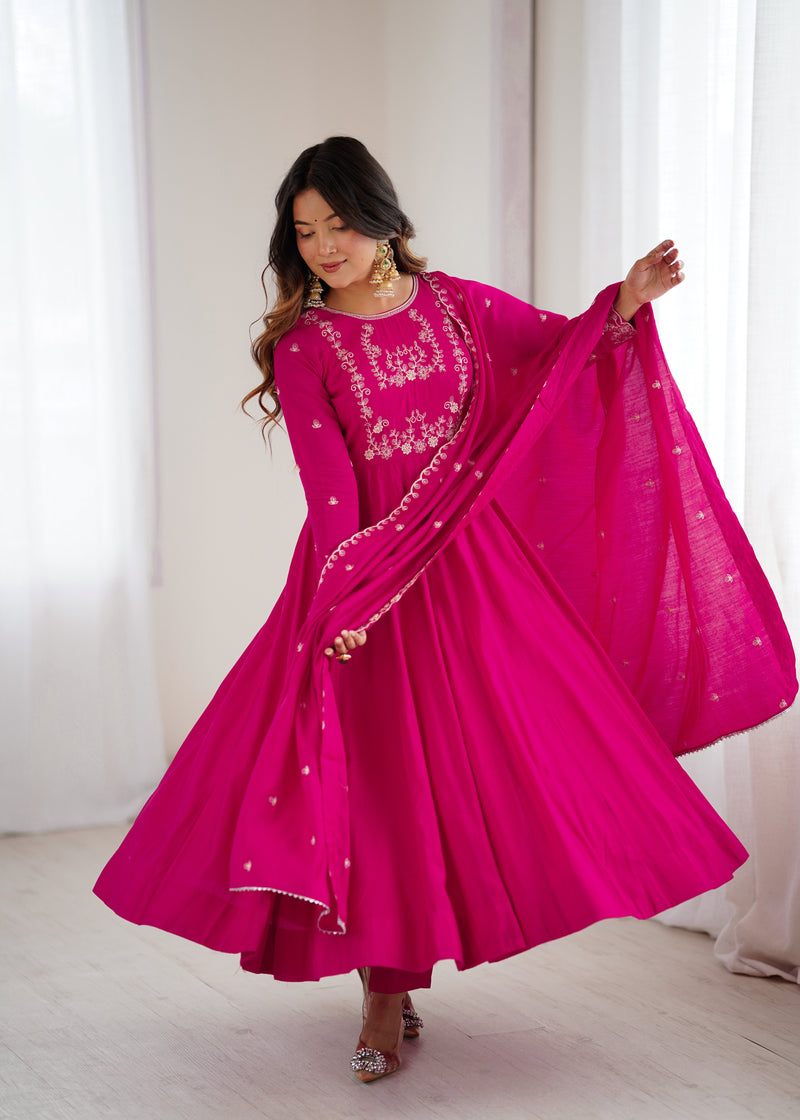 Womenline Rani Pink Color Chanderi Silk Three Piece Anarkali Suit