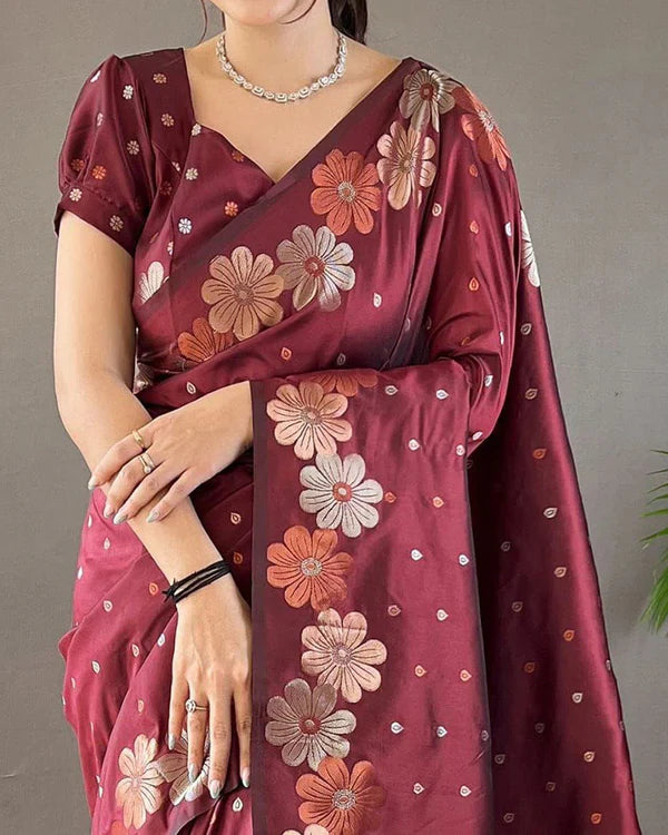 Womenline Jacquard Design Maroon color Soft Lichi Silk Saree